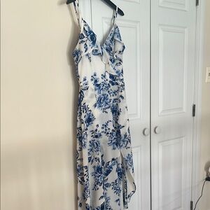 A. Byer Blue and White Asymmetrical Wrap Sundress